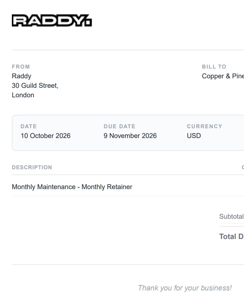 A branded TimeNTrack invoice