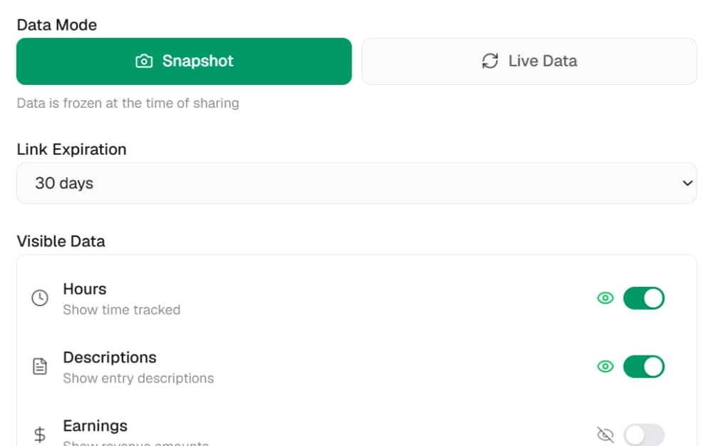 Shared report link settings: snapshot or live data, link expiry and visible fields