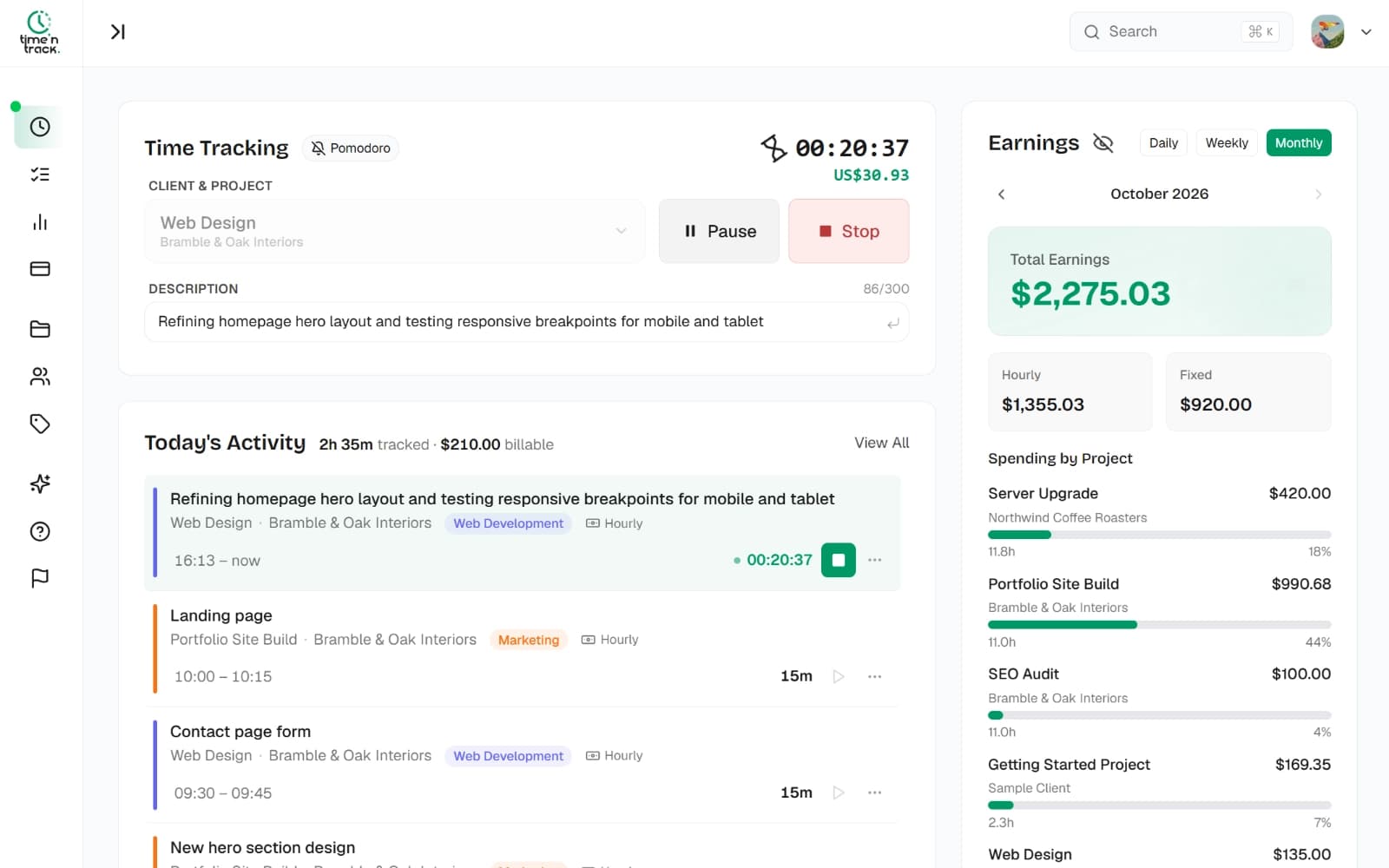 TimeNTrack web app dashboard with timer, today's activity and earnings